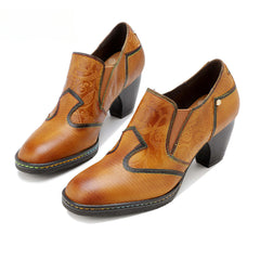 Socofy genuine leather retro style women's thick heel high heels