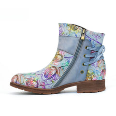 Socofy Vicconfy Retro Leather Blossom Casual Comfort Ankle Boots