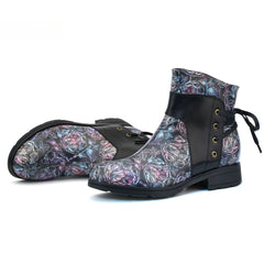 Socofy Vicconfy Retro Leather Blossom Casual Comfort Ankle Boots