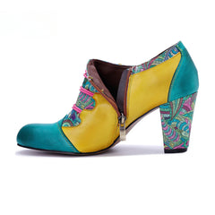 Socofy Leather Genuine Leather Vintage Floral Chunky Heeled Pumps