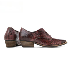 Socofy leather retro British style dark flower texture women's thick heel flat shoes