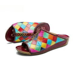 Socofy Genuine Leather Outside Slides Summer New Handmade Retro Contrasting Plaid Comfortable Flat Slippers