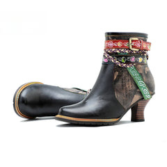 Socofy Vicconfy Genuine Leather Vintage Braided Belt Buckle Boots