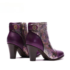 SOCOFY Genuine Leather Retro Handmade Exquisite Embossed Fashion Zip Winter Boots