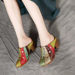 Socofy Genuine Leather Sewing Slides Colorful Hollow Handmade Ladies Slippers