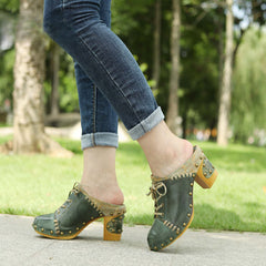 Socofy Leather Retro Street Style Rivet Chunky Heeled High Heels