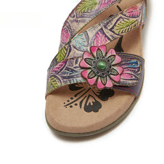 Socofy Bohemian retro first-layer cowhide flower-embellished women's sandals