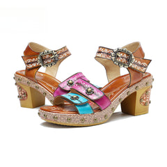Socofy Summer Leather Retro Rivet Clash Colour High Heeled Sandals