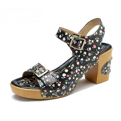 Socofy Leather Vintage Floral American Rustic Heeled Sandals