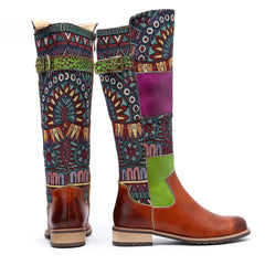 Socofy Vicconfy Genuine Leather Vintage Patchwork Long Warm Boots