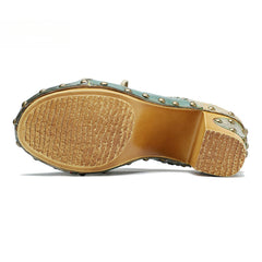 Socofy Leather Retro Street Style Rivet Chunky Heeled High Heels