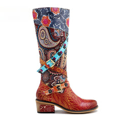 Socofy Leather Vintage Print Chunky Heel Knee Women's Boots