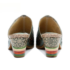 Socofy summer leather rubbed retro colourful hollow out high heel sandals