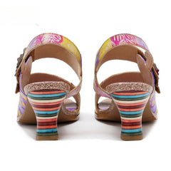 Socofy new summer style genuine leather retro three-dimensional flower rainbow and wine glass sandals for women