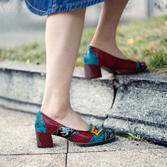 Socofy Butterfly Genuine leather Floral Deco Heels Women's shoes