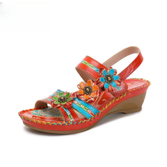 Socofy Vicconfy Genunie Leather Floral Handmade Women's Sandals