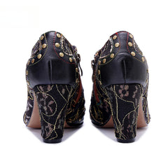 Socofy genuine leather Women's Leather Rivet Retro Fashion High Heeled Shoes