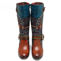 Socofy pointed-toe adhesive-soled high-top cowhide bohemian ethnic style fashion boots