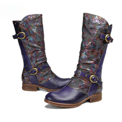 Socofy Vicconfy Side Zipper Vintage Floral Flat Heel Long Boots