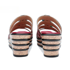 Socofy Summer Leather Vintage Flower Slope Heel Sandals Slippers