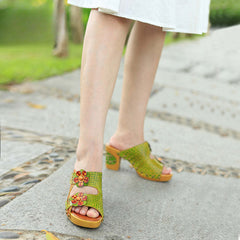Socofy Spring and summer genuine leather retro flower comfortable thick heel high heel sandals
