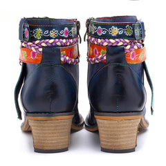 Socofy Vicconfy Genuine Leather Braided Strap Cowboy Style Women's Boots