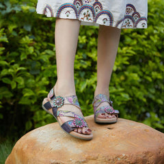 Socofy Bohemian retro first-layer cowhide flower-embellished women's sandals