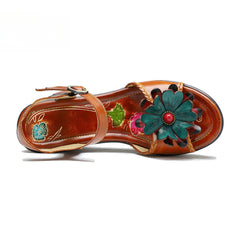 Socofy summer on leather retro three-dimensional flowers casual comfortable sloping sandals