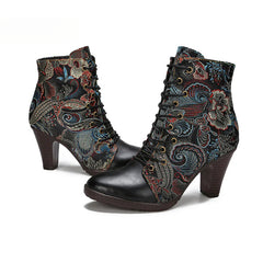 Socofy Vicconfy Cowhide Non-Slip Vintage Embroidered Heel Ankle Boots