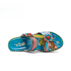 Socofy summer fashionable flower women's shoes ethnic style retro casual leather wedge slippers
