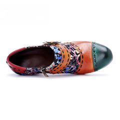 Socofy Genuine Leather Vintage Floral Chunky Heeled Women Pumps