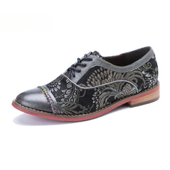 Socofy Handmade Leather Vintage Lace-Up Flats Loafers Shoes