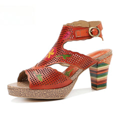 Socofy new retro genuine leather hollow color layer leather high heel sandals