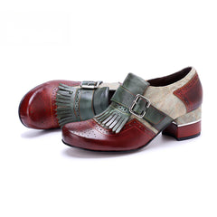 Socofy Genuine leather vintage brogue tassel side zipper Pupms