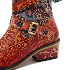 Socofy Leather Vintage Print Chunky Heel Knee Women's Boots