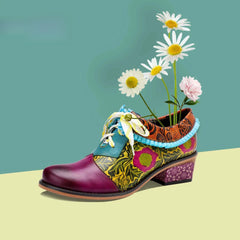 Socofy Genuine Leather Lace-up Oxford Vintage Women Retro Bohemian Flats Shoes