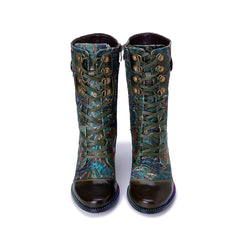 Socofy Winter Retro Painted Chunky Heel Boots