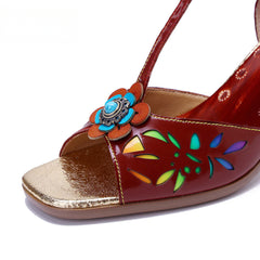 Socofy Crimson Blossom T-Strap Sandals