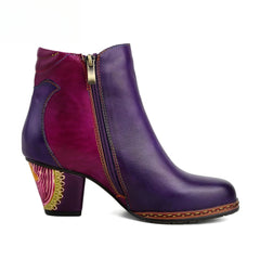 Socofy Vicconfy Retro Pattern Leather Zipper Ankle Boots