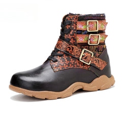 Socofy Vicconfy Leather Handmade Color Rubbed Printed Belt Buckle Flat Women's Boots
