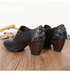 Socofy Vicconfy Round Toe Leather Fashion Side Zipper Heels Single Shoes Women's Shoes