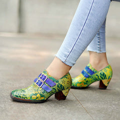 Socofy genuine leather green printed pastoral style retro thick heel women's high heels