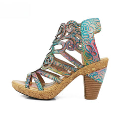 Socofy retro casual ethnic style fish mouth top layer cowhide flower fashion women's sandals