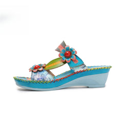 Socofy summer fashionable flower women's shoes ethnic style retro casual leather wedge slippers