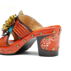 Socofy Genuine Leather Hand-painted Retro High Heeled Slippers Sandals