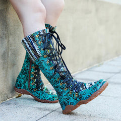 Socofy Genuine Leather Vintage Printed Wool Lace Up Comfortable Flat High Boots