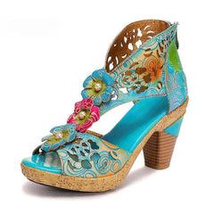 Socofy Genuine Leather Mixed Colors Zip Handmade Flower Sewing Retro Platform Sandals