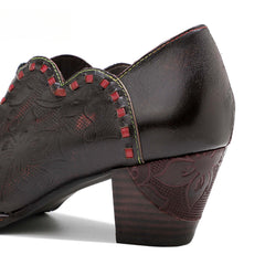 Socofy spot genuine leather bow tassel retro palace style thick heel women's high heels