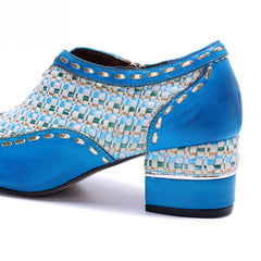 Socofy Genuine Leather Vintage Boho Woven Side Zipper Pumps