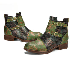 Socofy Vicconfy Genuine Leather Ethnic Vintage Rivet Belt Buckle Boots